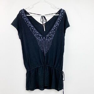 Free People sweater knit embroidered V neck top with drawstring peplum waist EUC